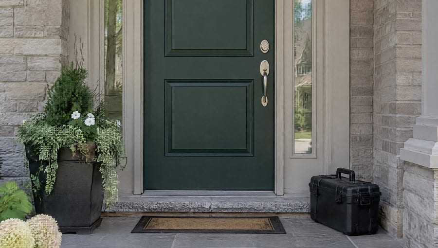 A green front door with a silver handleset, a tool case on the porch