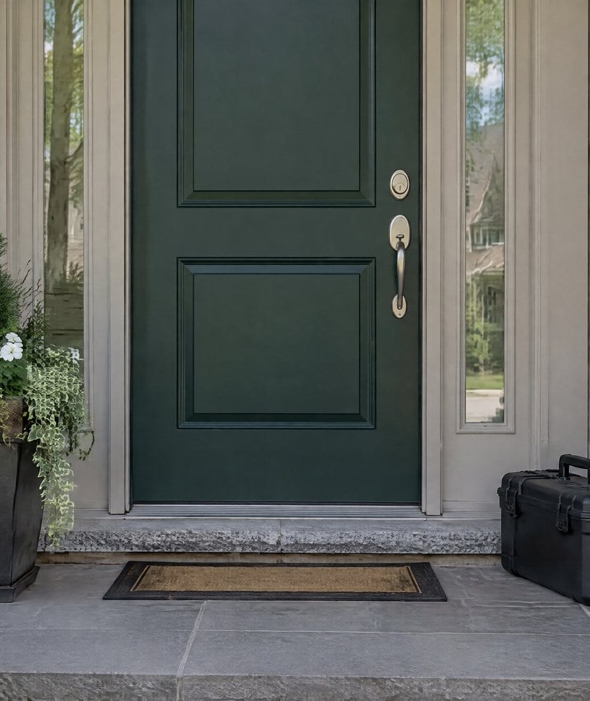 A green front door with a silver handleset, a tool case on the porch