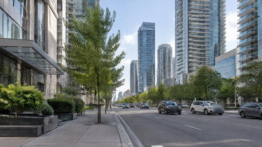 Condo towers and a tree-lined boulevard